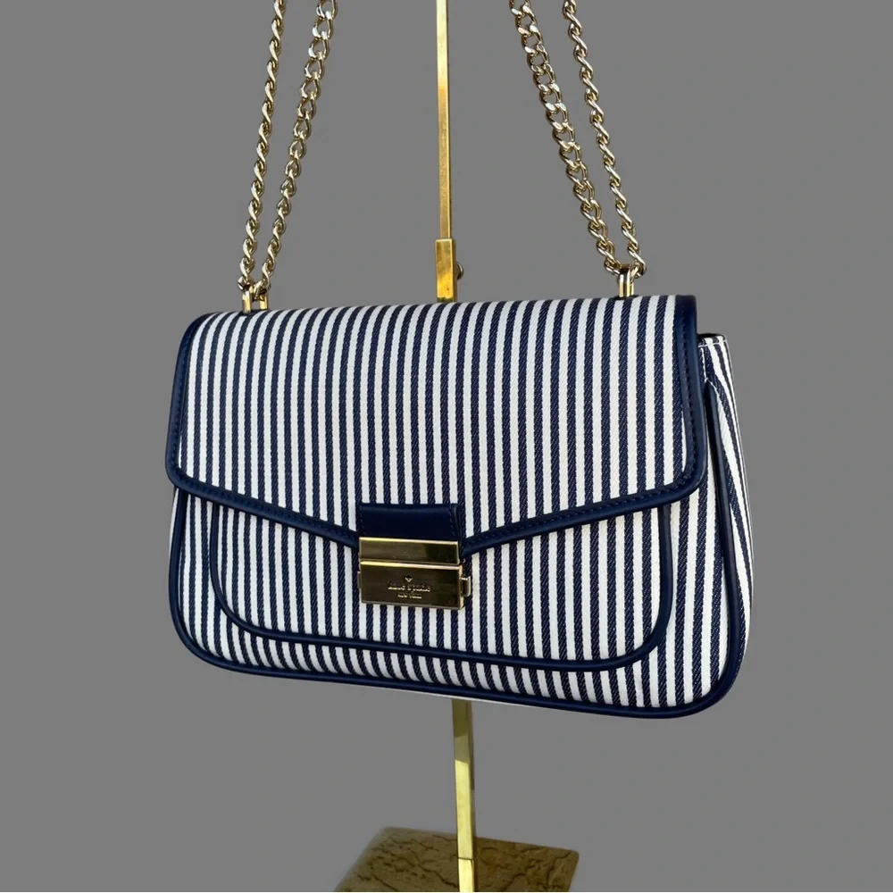 KATE SPADE Blue & White Striped Carey Medium Flap Striped Crossbody Shoulder Bag